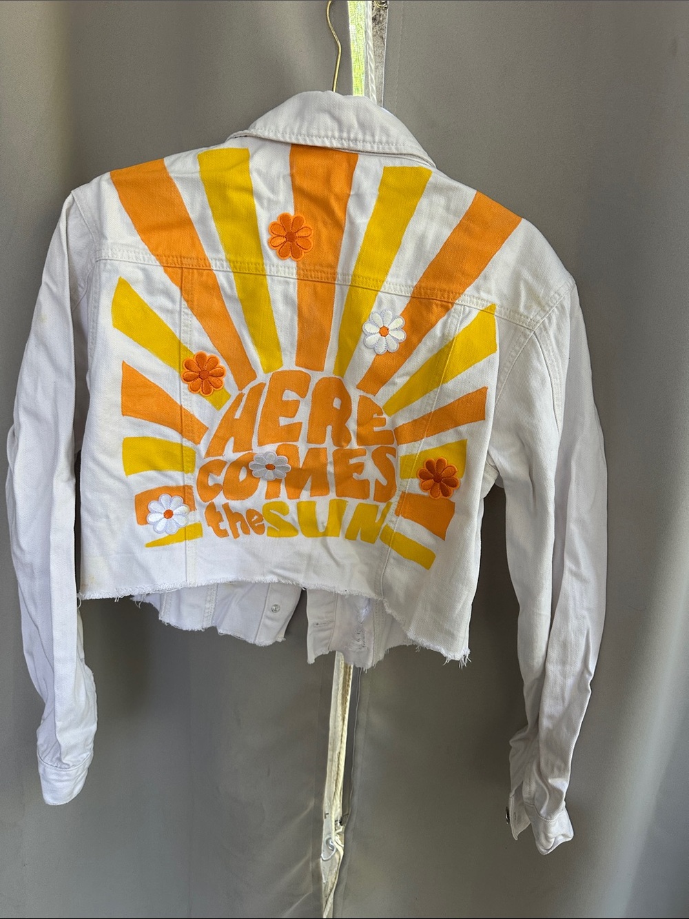 Up cycled White Cropped Denim Jacket with Yellow & Orange Sunburst Graphic sz m